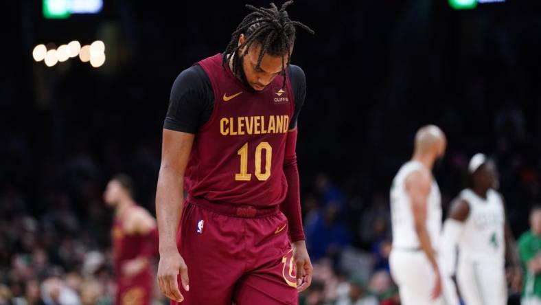 Dec 14, 2023; Boston, Massachusetts, USA; Cleveland Cavaliers guard Darius Garland (10) on the court against the Boston Celtics in the second half at TD Garden. Mandatory Credit: David Butler II-USA TODAY Sports