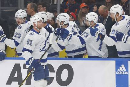 Dec 14, 2023; Edmonton, Alberta, CAN; The Tampa Bay Lightning celebrate a goal scored by forward Steven Stamkos (91) during the first period against the Edmonton Oilers at Rogers Place. Mandatory Credit: Perry Nelson-USA TODAY Sports