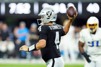 Dec 14, 2023; Paradise, Nevada, USA; Las Vegas Raiders quarterback Aidan O'Connell (4) throws a pass in the fourth quarter against the Los Angeles Chargers at Allegiant Stadium. Mandatory Credit: Stephen R. Sylvanie-USA TODAY Sports