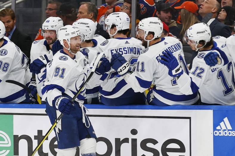 Dec 14, 2023; Edmonton, Alberta, CAN; The Tampa Bay Lightning celebrate a goal scored by  forward Steven Stamkos (91), his third of the game during the third period against the Edmonton Oilers at Rogers Place. Mandatory Credit: Perry Nelson-USA TODAY Sports