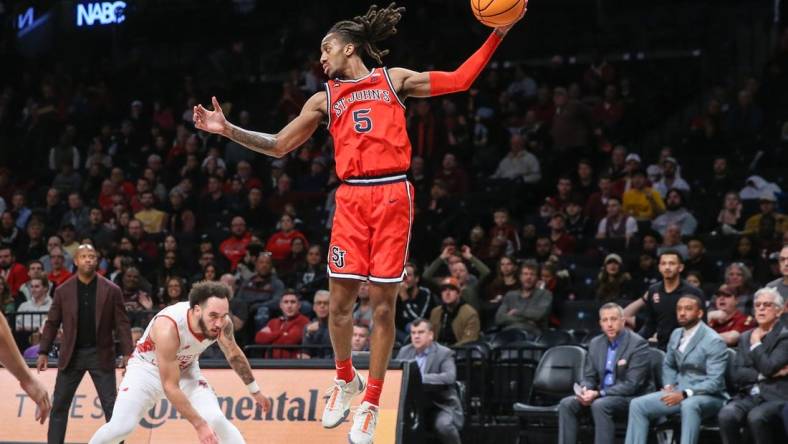 Dec 10, 2023; Brooklyn, New York, USA; St. John's Red Storm guard Daniss Jenkins (5) at Barclays Center. Mandatory Credit: Wendell Cruz-USA TODAY Sports