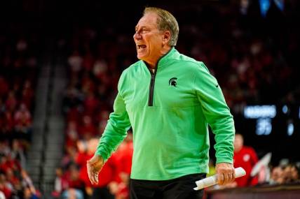 Dec 10, 2023; Lincoln, Nebraska, USA; Michigan State Spartans head coach Tom Izzo during the second half against the Nebraska Cornhuskers at Pinnacle Bank Arena. Mandatory Credit: Dylan Widger-USA TODAY Sports