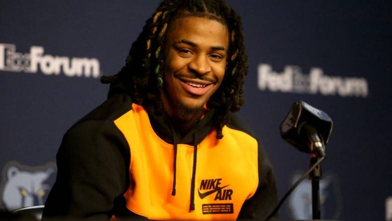 Dec 15, 2023; Memphis, TN, USA; Memphis Grizzlies guard Ja Morant answers questions from media about his time away from the team during his 25 game suspension during a press conference at FedExForum. Mandatory Credit: Petre Thomas-USA TODAY Sports