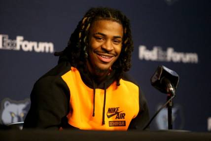 Dec 15, 2023; Memphis, TN, USA; Memphis Grizzlies guard Ja Morant answers questions from media about his time away from the team during his 25 game suspension during a press conference at FedExForum. Mandatory Credit: Petre Thomas-USA TODAY Sports