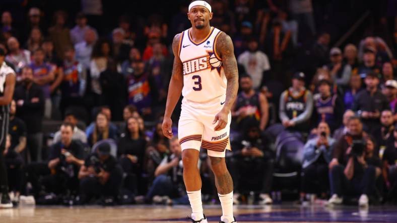 Dec 13, 2023; Phoenix, Arizona, USA; Phoenix Suns guard Bradley Beal (3) against the Brooklyn Nets at Footprint Center. Mandatory Credit: Mark J. Rebilas-USA TODAY Sports