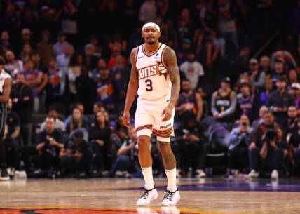 Dec 13, 2023; Phoenix, Arizona, USA; Phoenix Suns guard Bradley Beal (3) against the Brooklyn Nets at Footprint Center. Mandatory Credit: Mark J. Rebilas-USA TODAY Sports