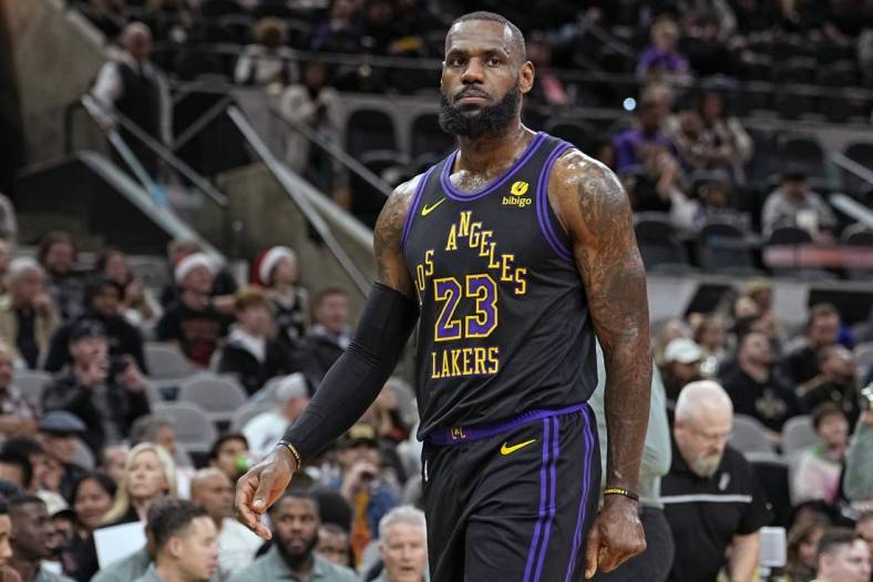 Dec 15, 2023; San Antonio, Texas, USA; Los Angeles Lakers guard LeBron James (23) during the first half against the San Antonio Spurs at Frost Bank Center. Mandatory Credit: Scott Wachter-USA TODAY Sports
