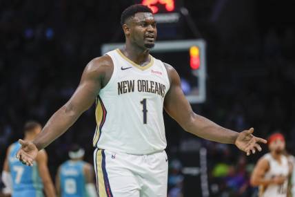 Dec 15, 2023; Charlotte, North Carolina, USA; New Orleans Pelicans forward Zion Williamson (1) talks to his bench during the second half against the Charlotte Hornets at Spectrum Center. The New Orleans Pelicans won 112-107. Mandatory Credit: Nell Redmond-USA TODAY Sports