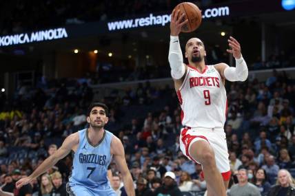 Dec 15, 2023; Memphis, Tennessee, USA; Houston Rockets  forward Dillon Brooks (9) drives to the basket during the second half against the Memphis Grizzlies at FedExForum. Mandatory Credit: Petre Thomas-USA TODAY Sports