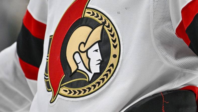 Dec 15, 2023; Dallas, Texas, USA; A view of the Ottawa Senators logo on the jersey of left wing Brady Tkachuk (7) during the game between the Dallas Stars and the Ottawa Senators at the American Airlines Center. Mandatory Credit: Jerome Miron-USA TODAY Sports