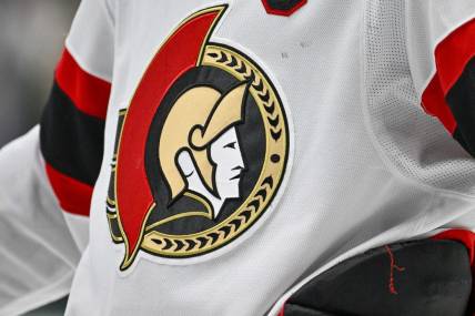 Dec 15, 2023; Dallas, Texas, USA; A view of the Ottawa Senators logo on the jersey of left wing Brady Tkachuk (7) during the game between the Dallas Stars and the Ottawa Senators at the American Airlines Center. Mandatory Credit: Jerome Miron-USA TODAY Sports