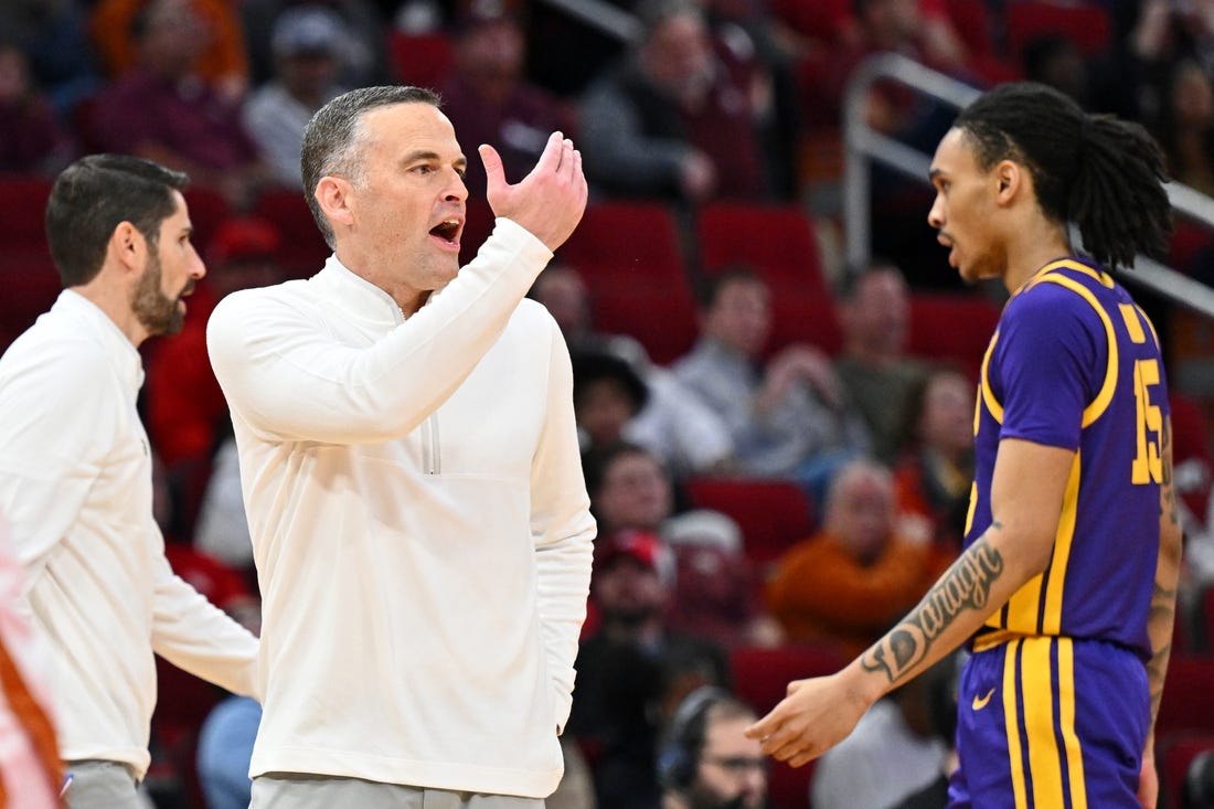 Dec 16, 2023; Houston, Texas, USA; LSU Tigers head coach Matt McMahon gestures to players against the Texas Longhorns during the second half at Toyota Center. Mandatory Credit: Maria Lysaker-USA TODAY Sports