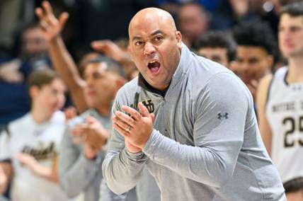 Dec 16, 2023; South Bend, Indiana, USA; Notre Dame Fighting Irish head coach Micah Shrewsberry reacts in the second half against the Georgetown Hoyas at the Purcell Pavilion. Mandatory Credit: Matt Cashore-USA TODAY Sports