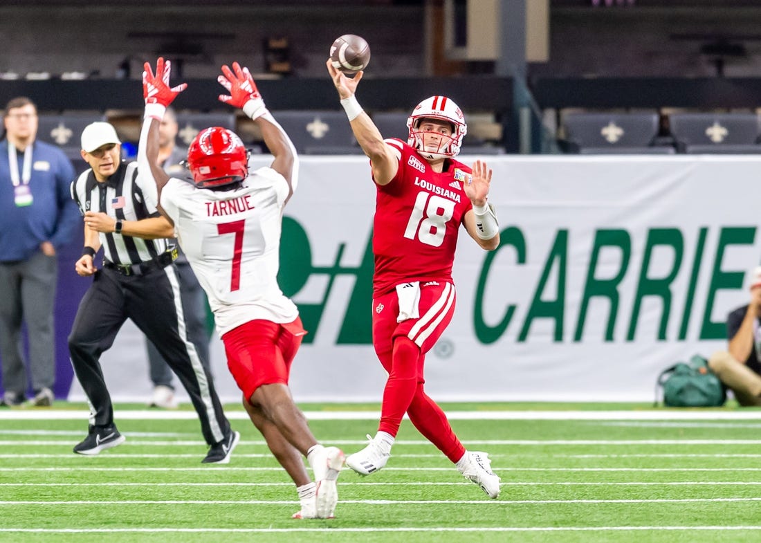 Cajuns quarterback Chandler Fields 18 throws a pass as Louisiana   s Ragin Cajuns take on the Jaksonville State Gacmecocks in the R&L Carriers New Orleans Bowl in the Caesars Superdome. New Orleans, La. Saturday, Dec. 16, 2023.