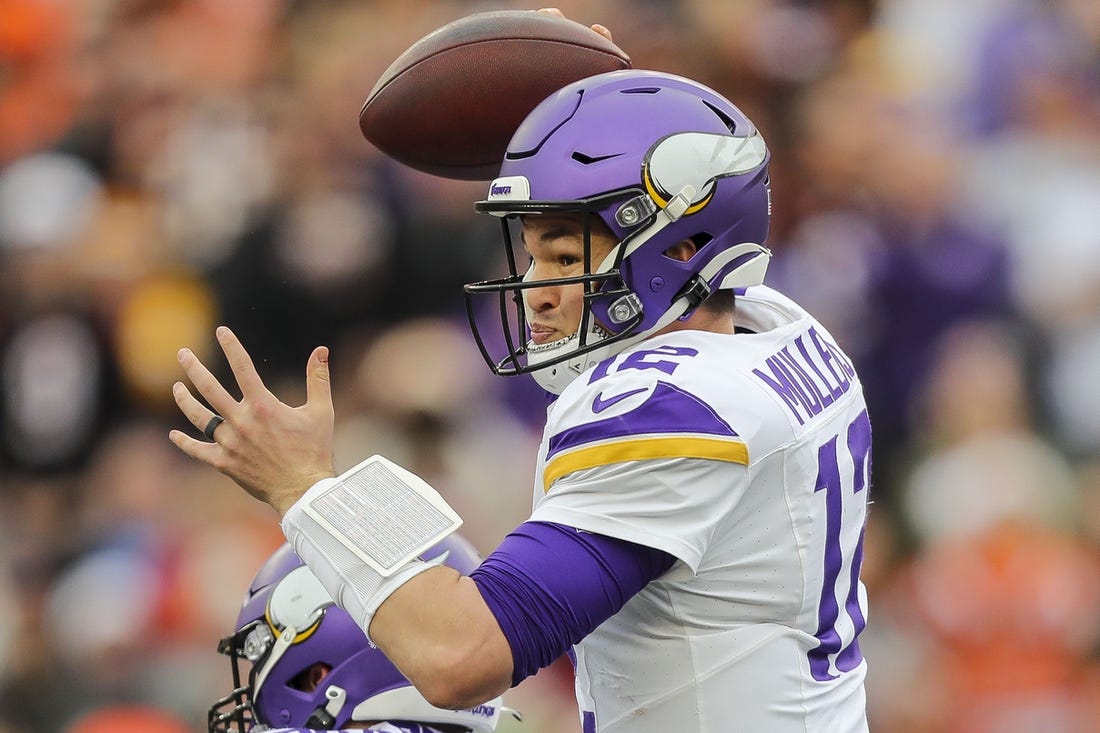 Dec 16, 2023; Cincinnati, Ohio, USA; Minnesota Vikings quarterback Nick Mullens (12) throws a pass against the Cincinnati Bengals in the first half at Paycor Stadium. Mandatory Credit: Katie Stratman-USA TODAY Sports