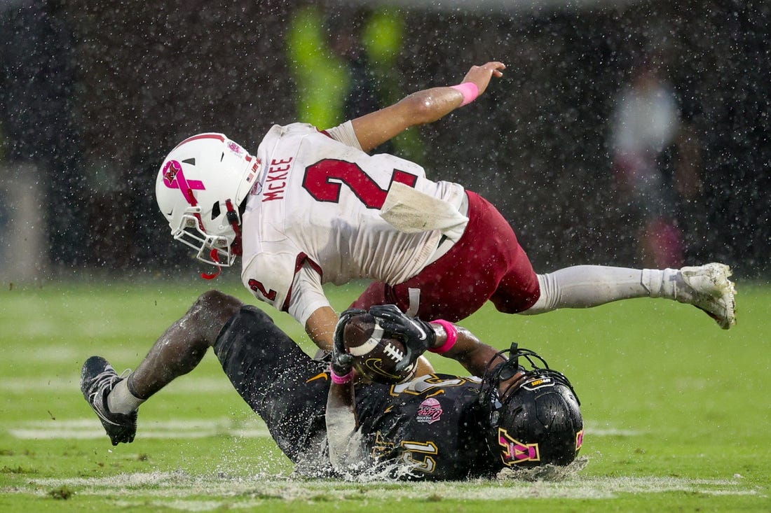 Dec 16, 2023; Orlando, FL, USA;  Appalachian State Mountaineers wide receiver Christan Horn (13) receives a pass guarded byAppalachian State Mountaineers cornerback Tyrek Funderburk (2) in the second quarter during the Avocados from Mexico Cure Bowl at FBC Mortgage Stadium. Mandatory Credit: Nathan Ray Seebeck-USA TODAY Sports