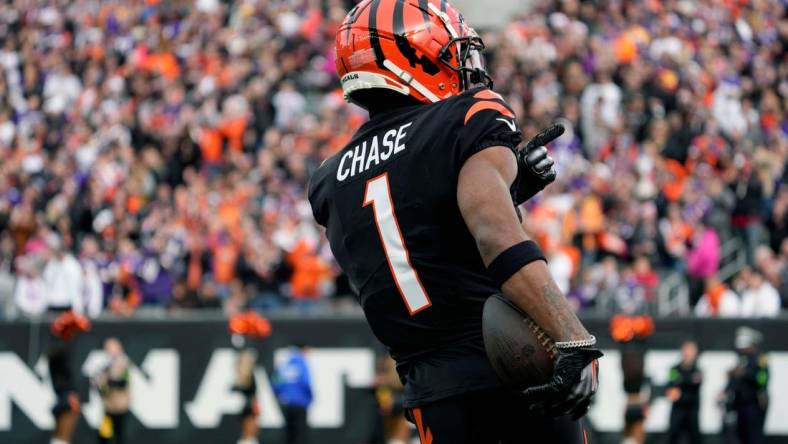 Cincinnati Bengals wide receiver Ja'Marr Chase (1) points to the crowd as the Bengals face the Minnesota Vikings at Paycor Stadium Saturday, December 16, 2023.