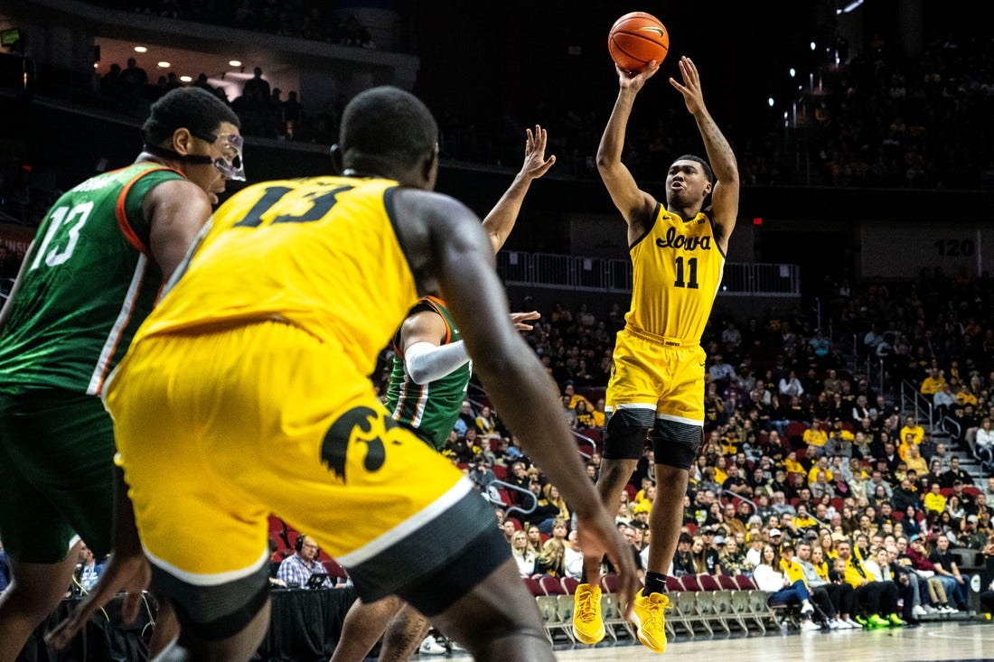 Iowa's Tony Perkins attempts a shot during the Hawkeye Showcase at Wells Fargo Arena on Saturday, Dec. 16, 2023, in Des Moines.