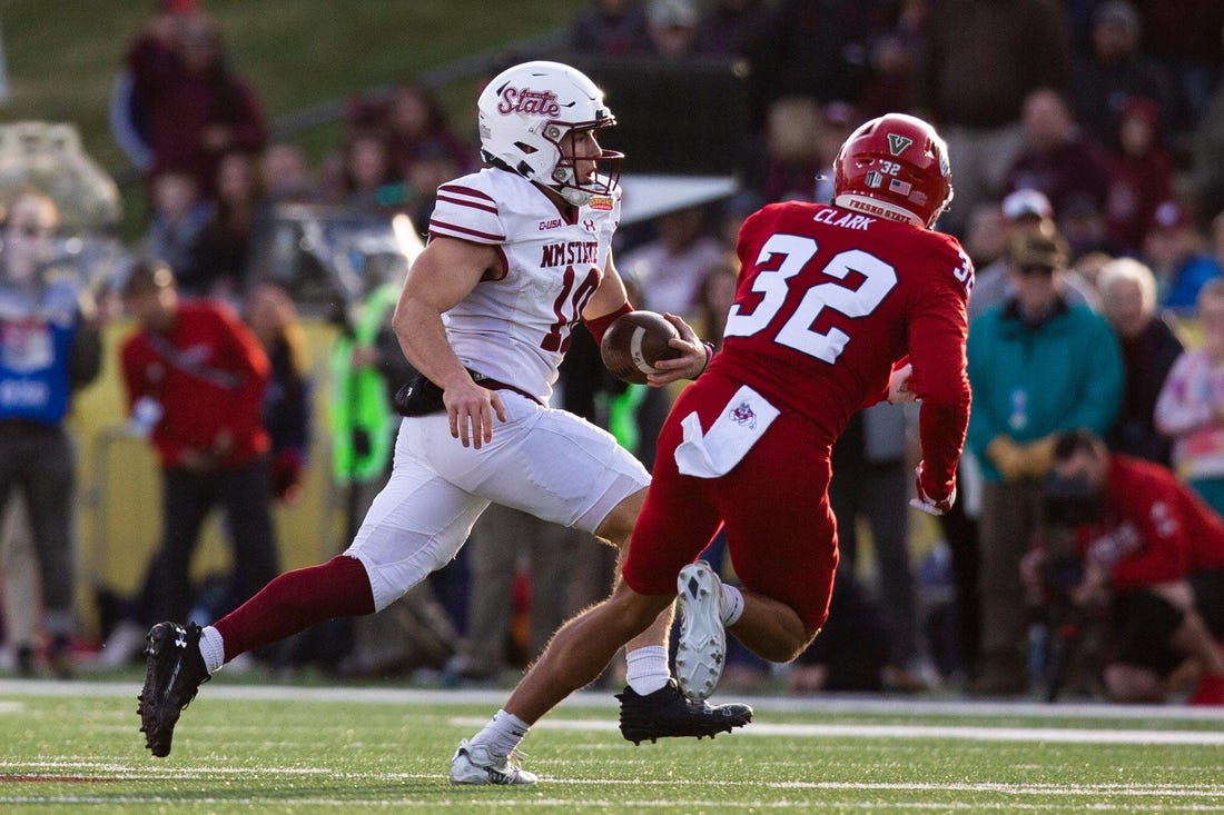 NMSU quarterback Diego Pavia runs the ball during the Isleta New Mexico Bowl on Saturday, Dec. 16, 2023, at the University Stadium in Albuquerque.