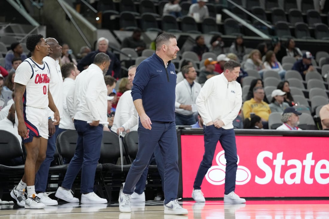 Dec 16, 2023; San Antonio, Texas, USA; Mississippi Rebels head coach Chris Beard looks on during the first half against the California Golden Bears at the Frost Bank Center. Mandatory Credit: Daniel Dunn-USA TODAY Sports