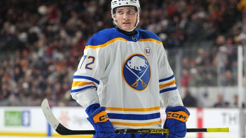 Dec 16, 2023; Tempe, Arizona, USA; Buffalo Sabres right wing Tage Thompson (72) looks on against the Arizona Coyotes during the first period at Mullett Arena. Mandatory Credit: Joe Camporeale-USA TODAY Sports