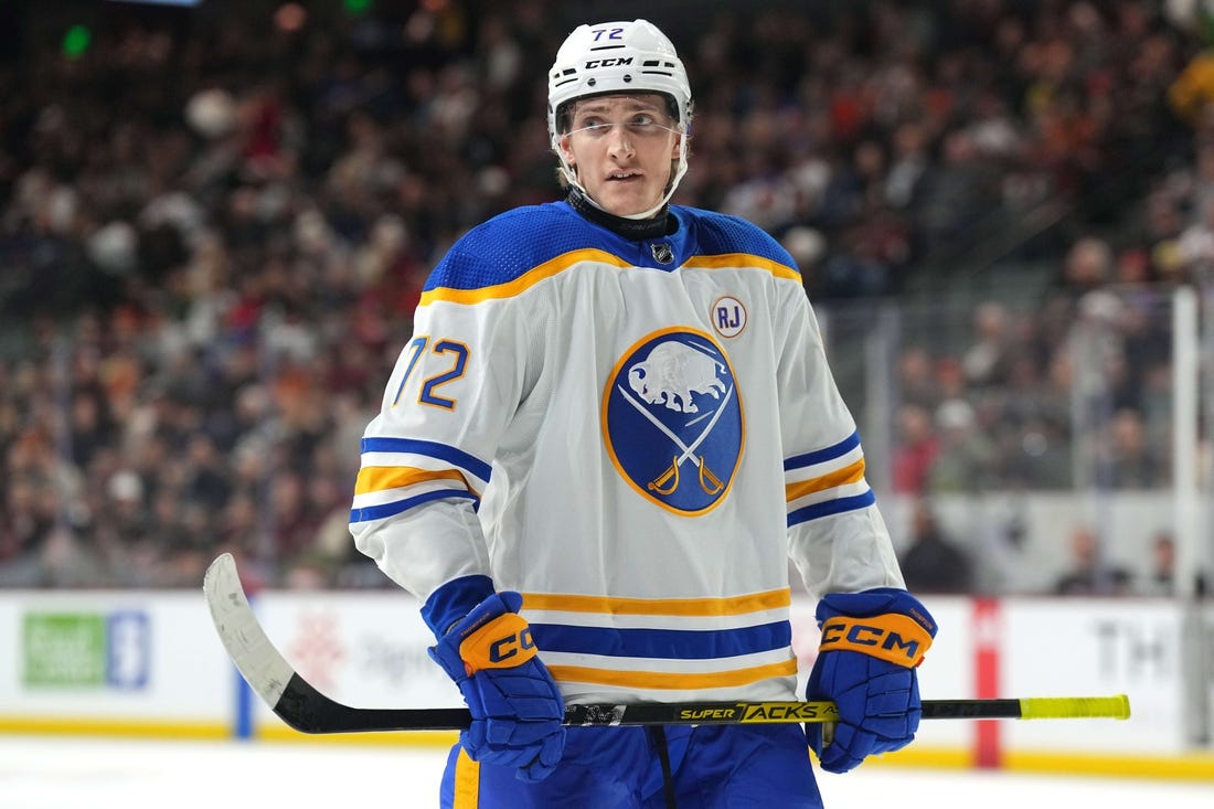 Dec 16, 2023; Tempe, Arizona, USA; Buffalo Sabres right wing Tage Thompson (72) looks on against the Arizona Coyotes during the first period at Mullett Arena. Mandatory Credit: Joe Camporeale-USA TODAY Sports