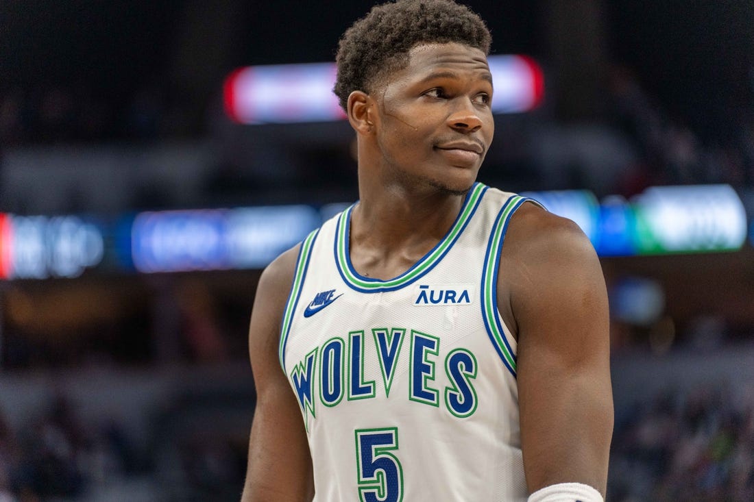 Dec 16, 2023; Minneapolis, Minnesota, USA; Minnesota Timberwolves guard Anthony Edwards (5) during a break in the action in the fourth quarter against the Indiana Pacers at Target Center. Mandatory Credit: Matt Blewett-USA TODAY Sports