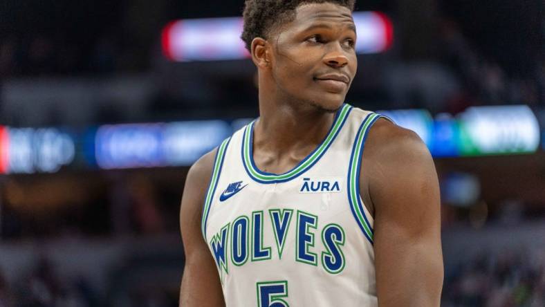 Dec 16, 2023; Minneapolis, Minnesota, USA; Minnesota Timberwolves guard Anthony Edwards (5) during a break in the action in the fourth quarter against the Indiana Pacers at Target Center. Mandatory Credit: Matt Blewett-USA TODAY Sports