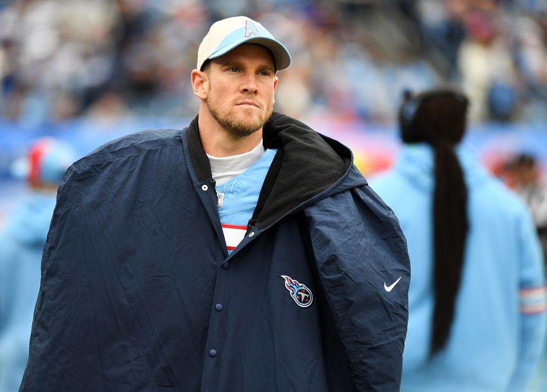 Dec 17, 2023; Nashville, Tennessee, USA; Tennessee Titans quarterback Ryan Tannehill (17) walks the sideline during the first half against the Houston Texans at Nissan Stadium. Mandatory Credit: Christopher Hanewinckel-USA TODAY Sports