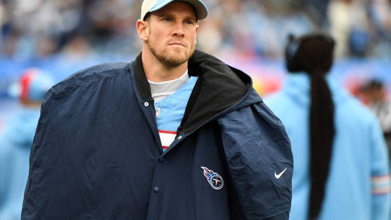 Dec 17, 2023; Nashville, Tennessee, USA; Tennessee Titans quarterback Ryan Tannehill (17) walks the sideline during the first half against the Houston Texans at Nissan Stadium. Mandatory Credit: Christopher Hanewinckel-USA TODAY Sports