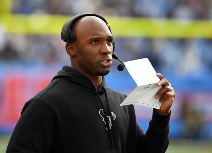 Dec 17, 2023; Nashville, Tennessee, USA; Houston Texans head coach DeMeco Ryans during the second half against the Tennessee Titans at Nissan Stadium. Mandatory Credit: Christopher Hanewinckel-USA TODAY Sports