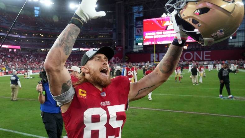 Dec 17, 2023; Glendale, Arizona, USA; San Francisco 49ers tight end George Kittle (85) celebrates after the game against the Arizona Cardinals at State Farm Stadium. Mandatory Credit: Joe Camporeale-USA TODAY Sports