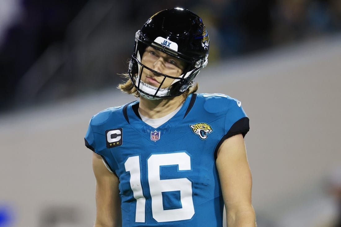 Jacksonville Jaguars quarterback Trevor Lawrence (16) looks on during the third quarter of a regular season NFL football matchup Sunday, Dec. 17, 2023 at EverBank Stadium in Jacksonville.