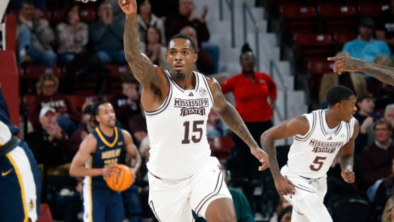 Dec 13, 2023; Starkville, Mississippi, USA; Mississippi State Bulldogs forward Jimmy Bell Jr. (15) reacts during the first half against the Murray State Racers at Humphrey Coliseum. Mandatory Credit: Petre Thomas-USA TODAY Sports