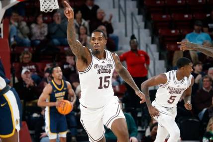 Dec 13, 2023; Starkville, Mississippi, USA; Mississippi State Bulldogs forward Jimmy Bell Jr. (15) reacts during the first half against the Murray State Racers at Humphrey Coliseum. Mandatory Credit: Petre Thomas-USA TODAY Sports
