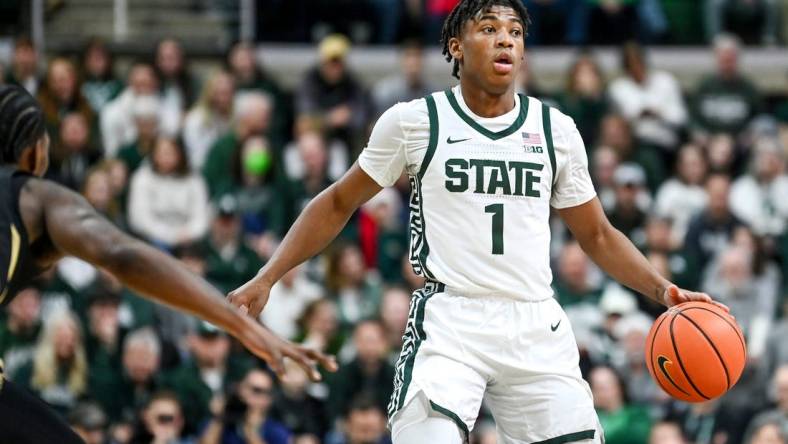 Michigan State's Jeremy Fears Jr. moves the ball against Oakland during the first half on Monday, Dec. 18, 2023, at the Breslin Center in East Lansing.