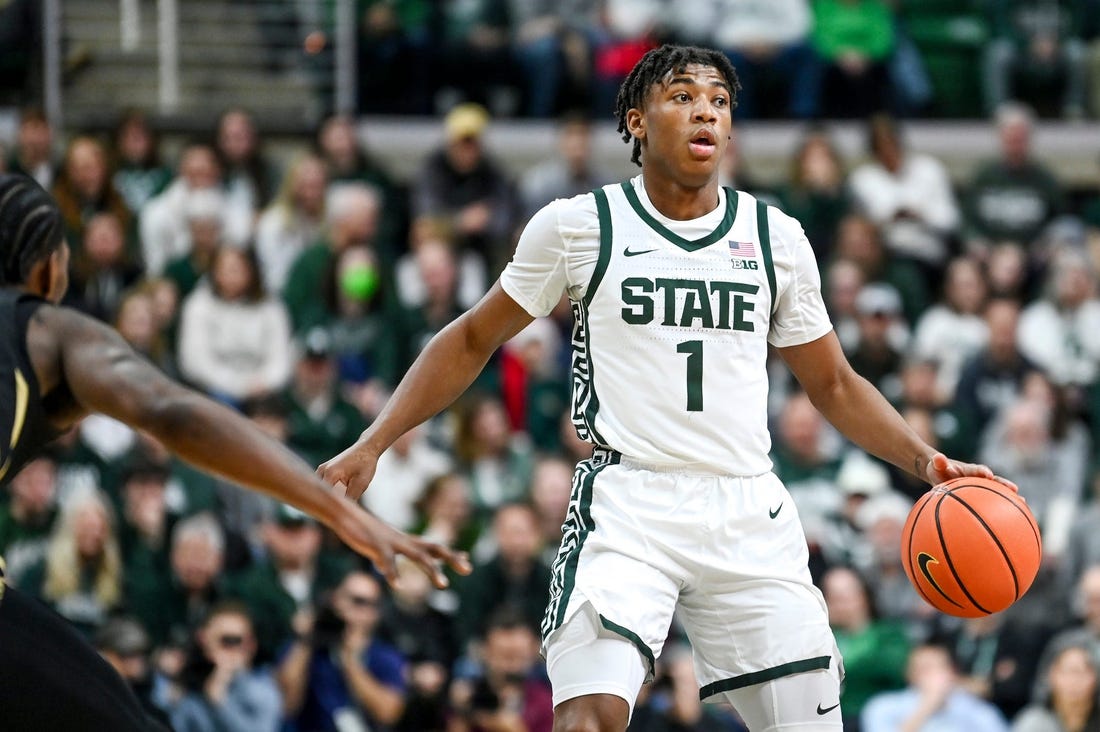 Michigan State's Jeremy Fears Jr. moves the ball against Oakland during the first half on Monday, Dec. 18, 2023, at the Breslin Center in East Lansing.