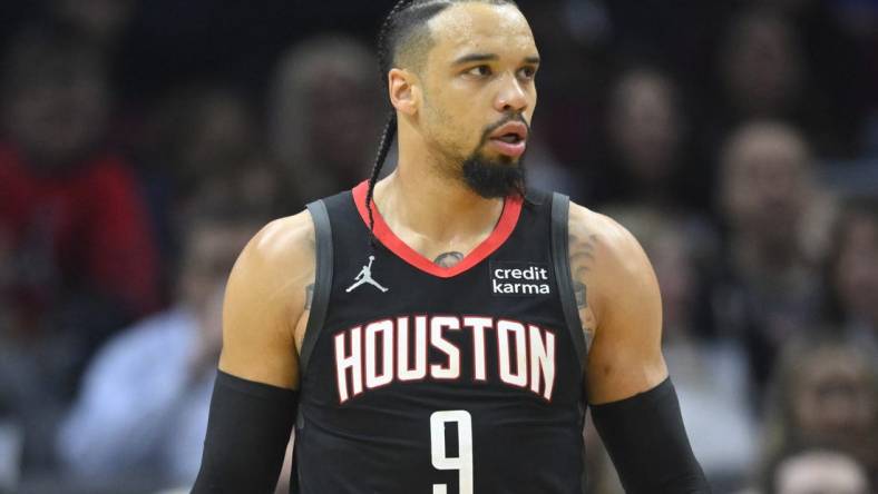 Dec 18, 2023; Cleveland, Ohio, USA; Houston Rockets forward Dillon Brooks (9) stands on the court in the second quarter against the Cleveland Cavaliers at Rocket Mortgage FieldHouse. Mandatory Credit: David Richard-USA TODAY Sports