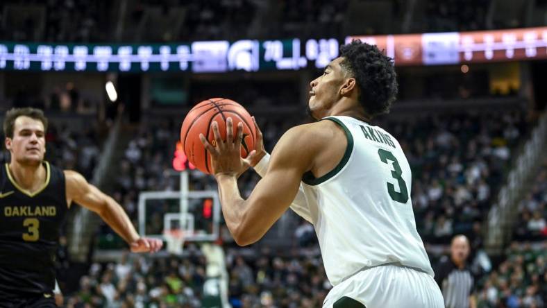 Michigan State's Jaden Akins makes a 3-pointer against Oakland during the second half on Monday, Dec. 18, 2023, at the Breslin Center in East Lansing.