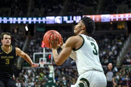 Michigan State's Jaden Akins makes a 3-pointer against Oakland during the second half on Monday, Dec. 18, 2023, at the Breslin Center in East Lansing.