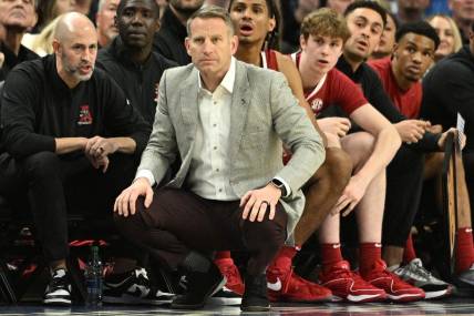 Dec 16, 2023; Omaha, Nebraska, USA;  Alabama Crimson Tide head coach Nate Oats watches action against the Creighton Bluejays in the first half  at CHI Health Center Omaha. Mandatory Credit: Steven Branscombe-USA TODAY Sports