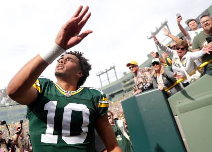 Green Bay Packers quarterback Jordan Love (10) celebrates a come from behind victory over the New Orleans Saints during their football game Sunday, September 24, 2023, at Lambeau Field in Green Bay, Wis. The Packers defeated the Saints 18-17.