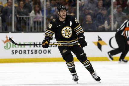 Dec 19, 2023; Boston, Massachusetts, USA; Boston Bruins right wing David Pastrnak (88) skates against the Minnesota Wild during the first period at TD Garden. Mandatory Credit: Winslow Townson-USA TODAY Sports