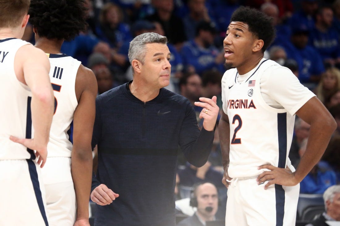 Dec 19, 2023; Memphis, Tennessee, USA; Virginia Cavaliers head coach Tony Bennett reacts during a time out  during the first half against the Memphis Tigers at FedExForum. Mandatory Credit: Petre Thomas-USA TODAY Sports