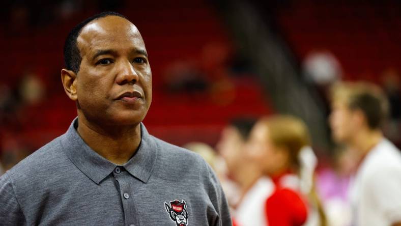 Dec 20, 2023; Raleigh, North Carolina, USA; North Carolina State Wolfpack head coach Kevin Keatts looks on during the first half against Saint Louis at PNC Arena. Mandatory Credit: Jaylynn Nash-USA TODAY Sports