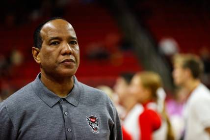 Dec 20, 2023; Raleigh, North Carolina, USA; North Carolina State Wolfpack head coach Kevin Keatts looks on during the first half against Saint Louis at PNC Arena. Mandatory Credit: Jaylynn Nash-USA TODAY Sports