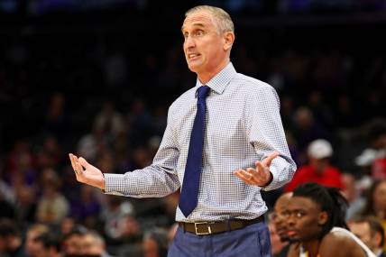 Dec 20, 2023; Phoenix, Arizona, USA; Arizona State Sun Devils head coach Bobby Hurley reacts from the sideline during the first half of the game against the Northwestern Wildcats during the Hall of Series at Footprint Center. Mandatory Credit: Mark J. Rebilas-USA TODAY Sports