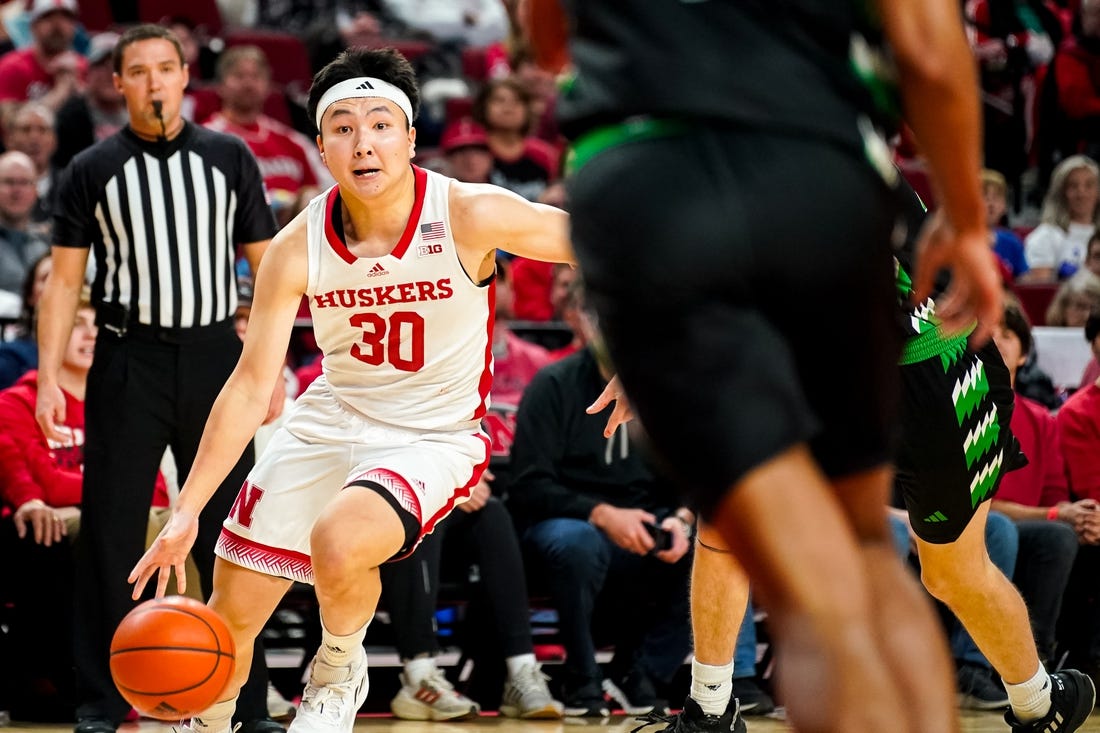 Dec 20, 2023; Lincoln, Nebraska, USA; Nebraska Cornhuskers guard Jamarques Lawrence (10) drives against the North Dakota Fighting Hawks during the first half at Pinnacle Bank Arena. Mandatory Credit: Dylan Widger-USA TODAY Sports