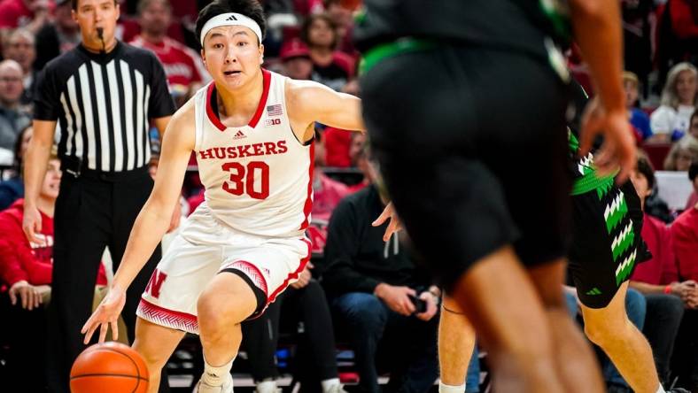 Dec 20, 2023; Lincoln, Nebraska, USA; Nebraska Cornhuskers guard Jamarques Lawrence (10) drives against the North Dakota Fighting Hawks during the first half at Pinnacle Bank Arena. Mandatory Credit: Dylan Widger-USA TODAY Sports