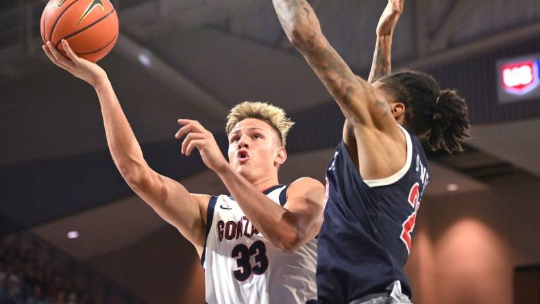 Dec 20, 2023; Spokane, Washington, USA; Gonzaga Bulldogs forward Ben Gregg (33) shoots the ball against Jackson State Tigers forward Jordan O'Neal (23) in the first half at McCarthey Athletic Center. Mandatory Credit: James Snook-USA TODAY Sports